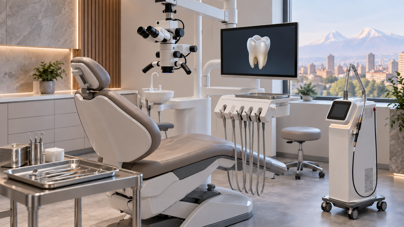 Conceptual dental room with an operating microscope, laser and digital monitor
