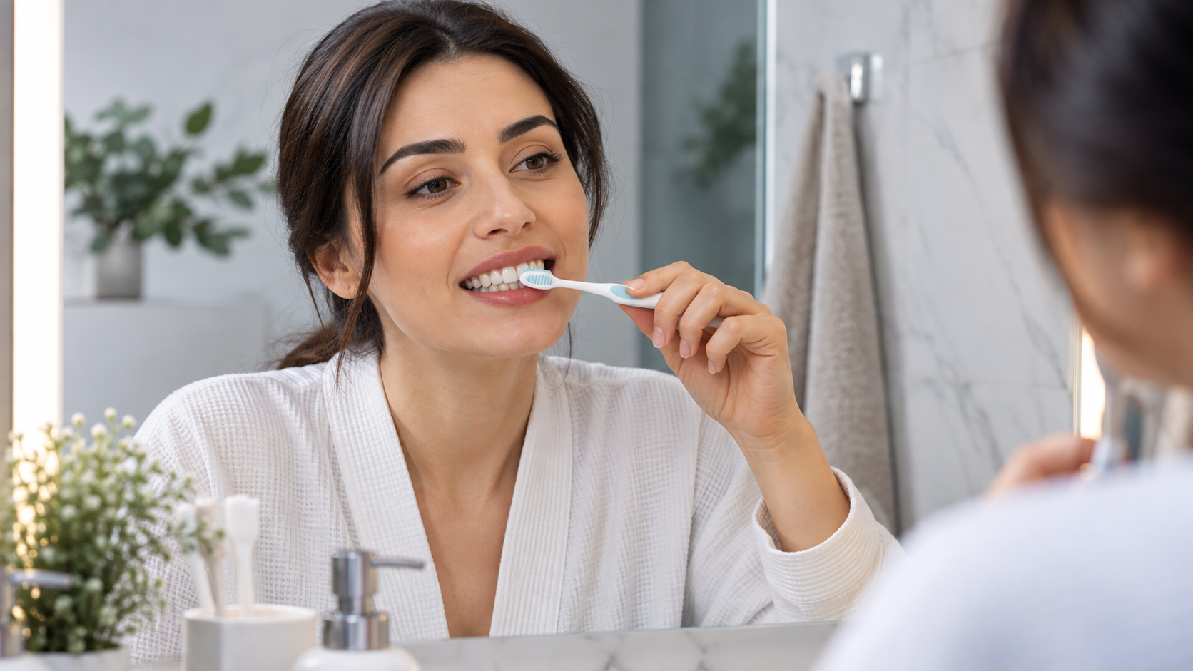 A patient gently brushes her teeth with a soft toothbrush in front of a mirror